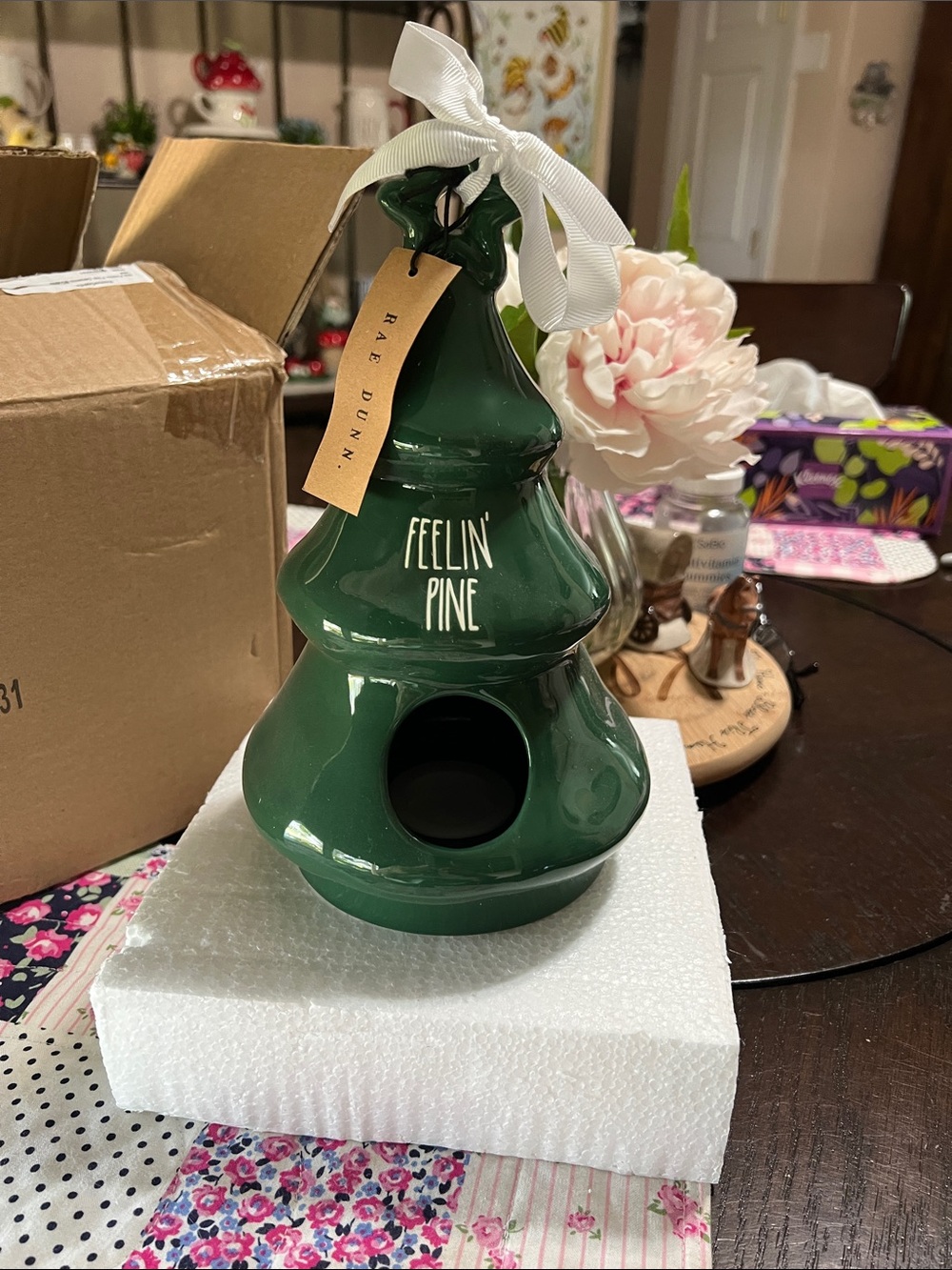 New Rae Dunn Green Feelin' Pine Ceramic Tree Birdhouse
